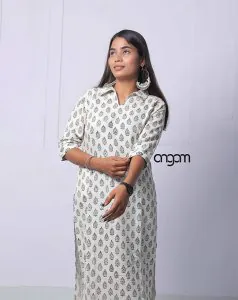 White Cotton-Linen Kurti in Handblock Print