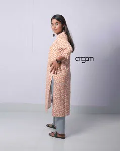 Orange Cotton-Linen Kurti in Handblock Print