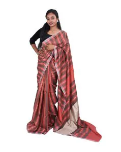 Grayish Red Tussar-Viscose Saari (Ghicha in Aanchal)