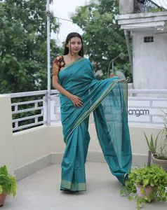 Greenish Blue Silk-Cotton Saari