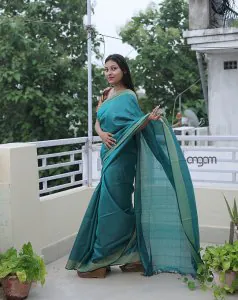 Greenish Blue Silk-Cotton Saari