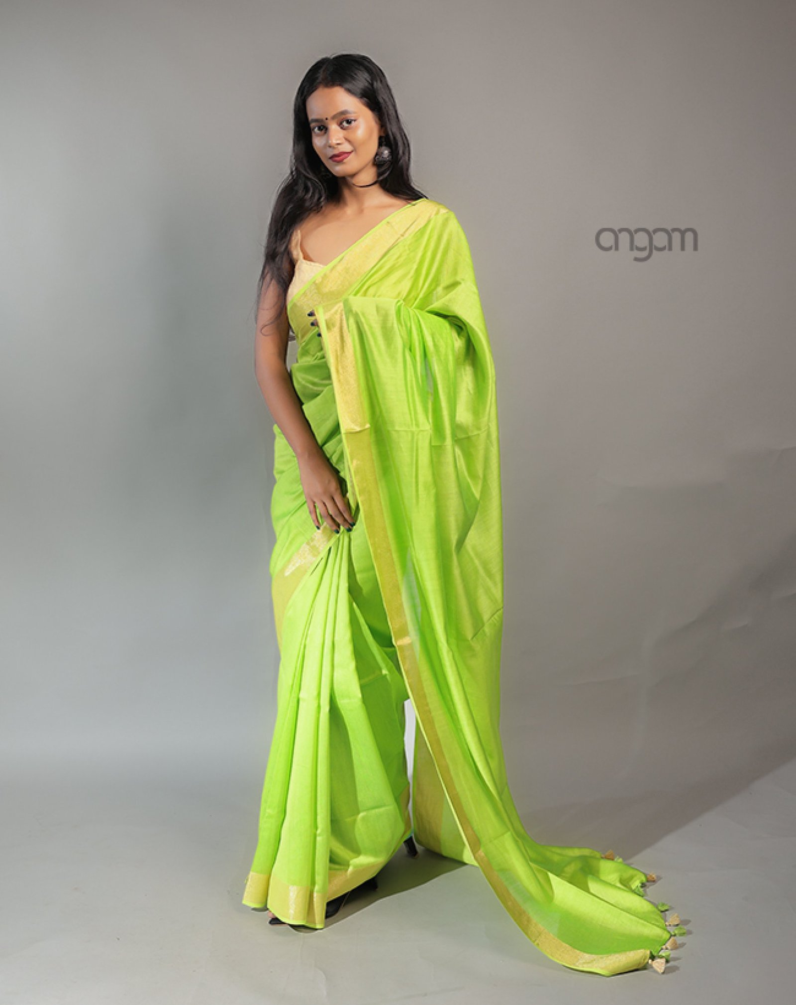 Parrot Green Cotton-Silk Saree