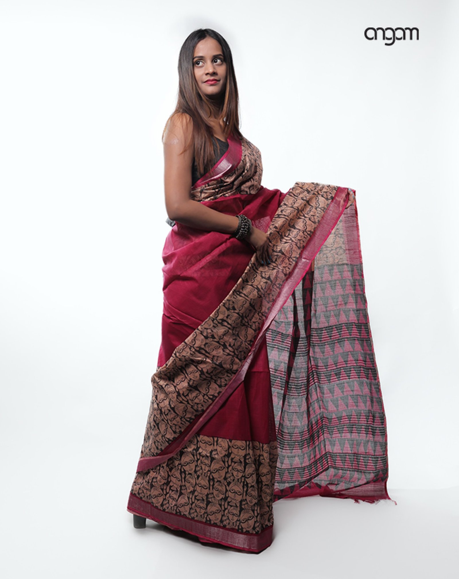 Maroon Cotton-Slub Saree-Screen Print