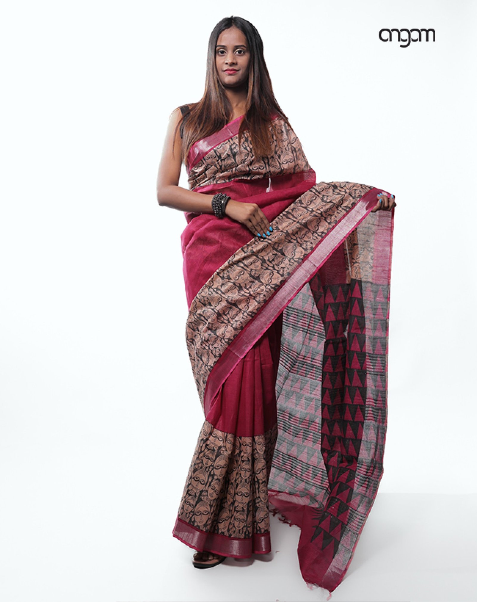 Maroon Cotton-Slub Saree-Screen Print