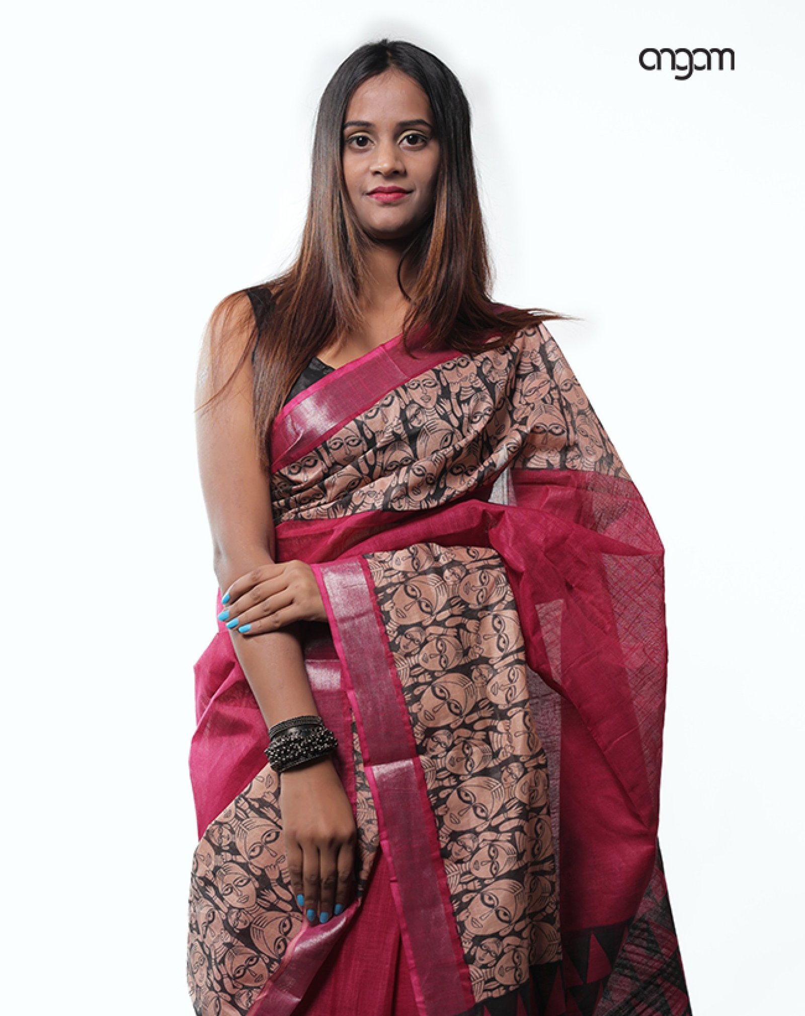 Maroon Cotton-Slub Saree-Screen Print