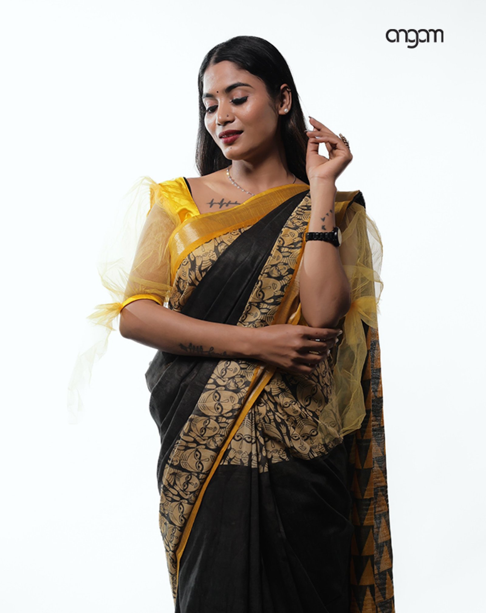 Black Cotton-Slub Saree-Screen Print