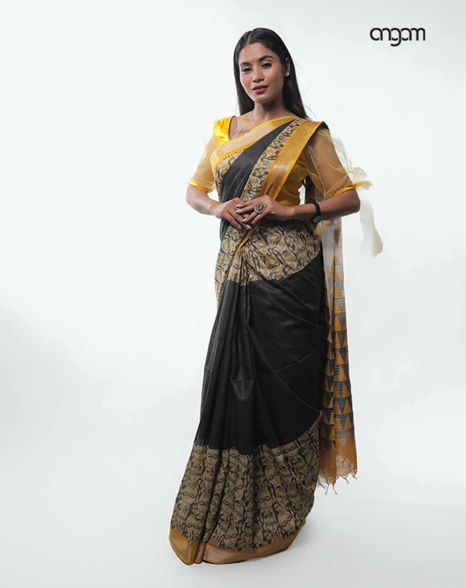 Black Cotton-Slub Saree-Screen Print