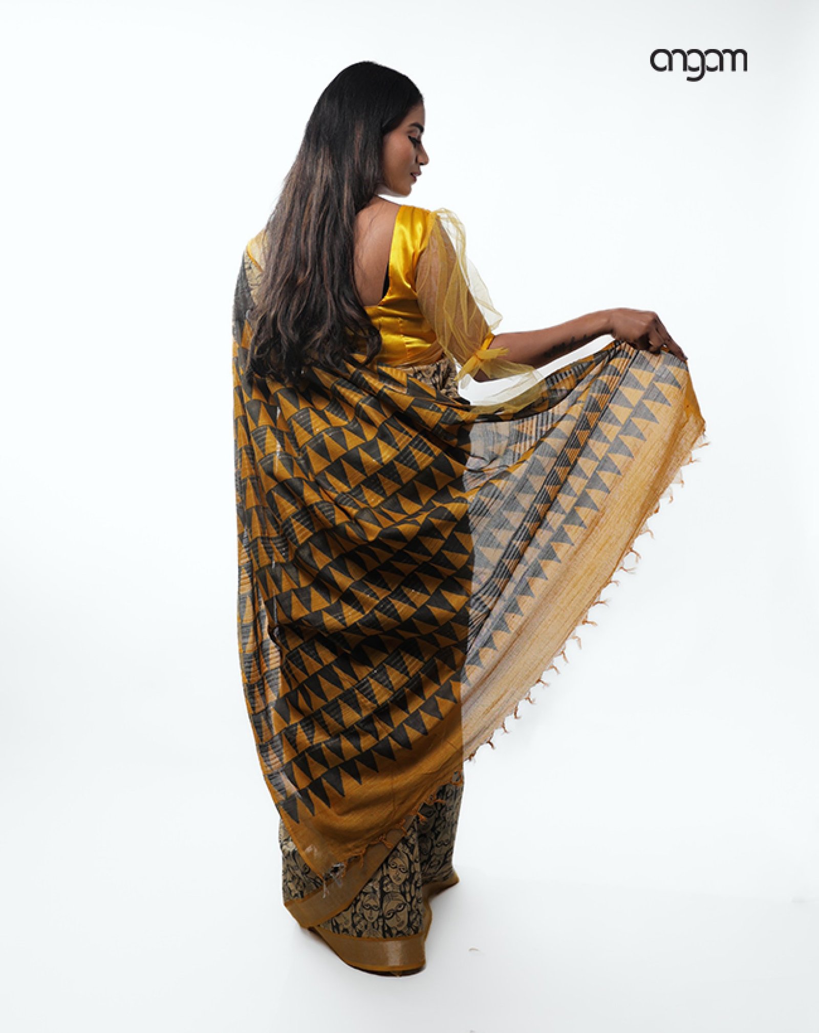 Black Cotton-Slub Saree-Screen Print