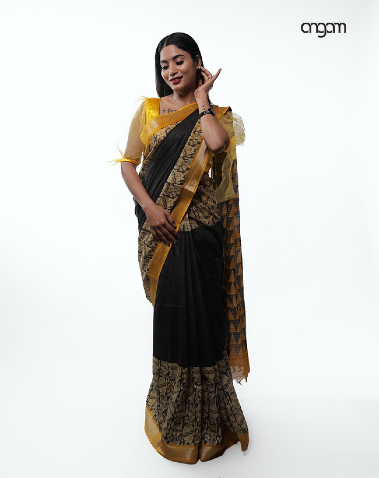 Black Cotton-Slub Saree-Screen Print