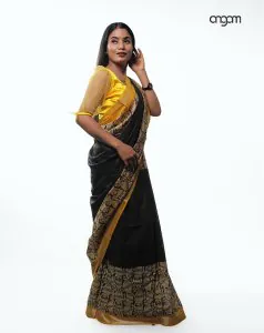 Black Cotton-Slub Saree-Screen Print