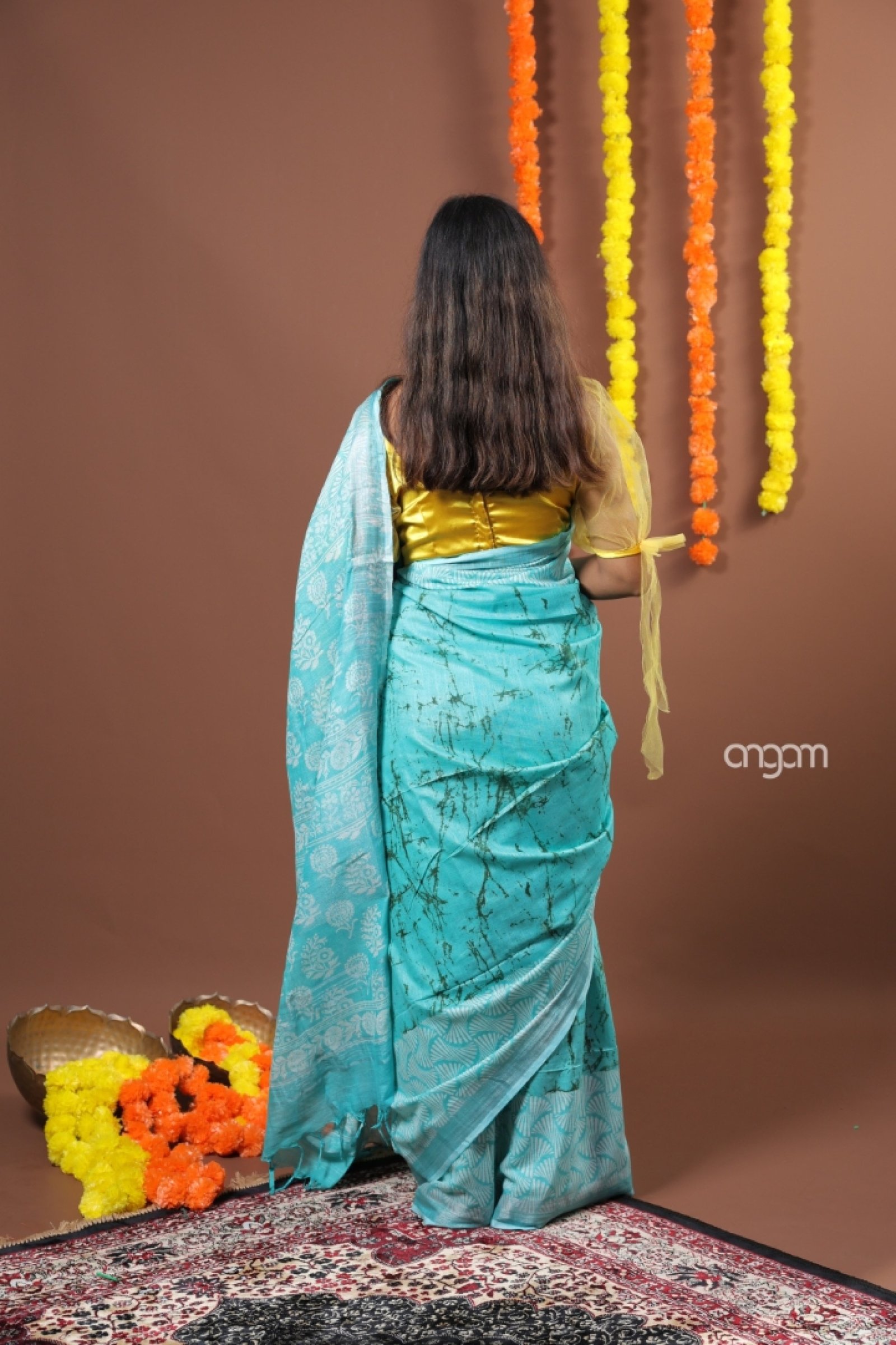 Turquoise Green Cotton Slub Saree