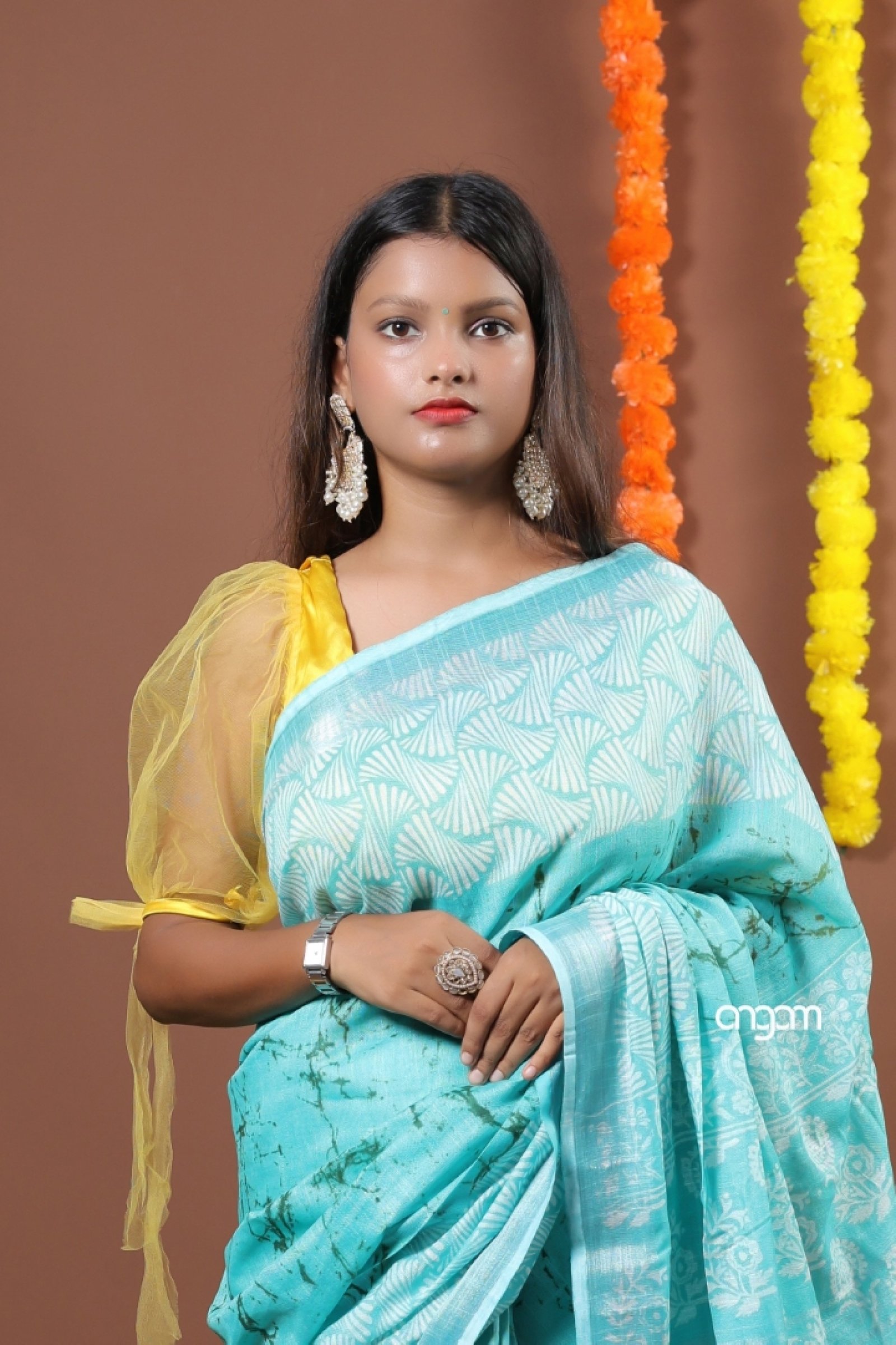 Turquoise Green Cotton Slub Saree