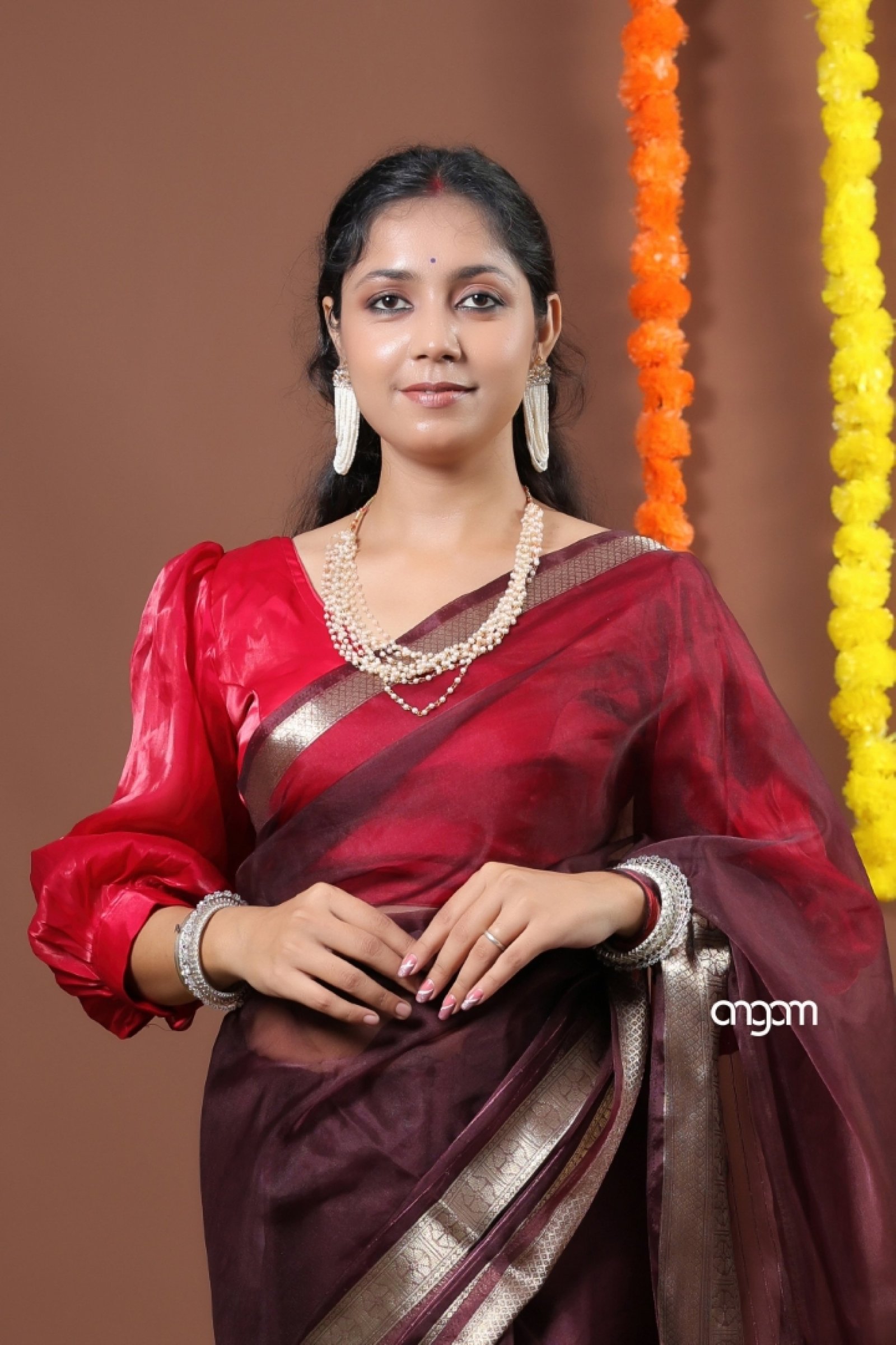 Burnt wine with gold orgenza saree