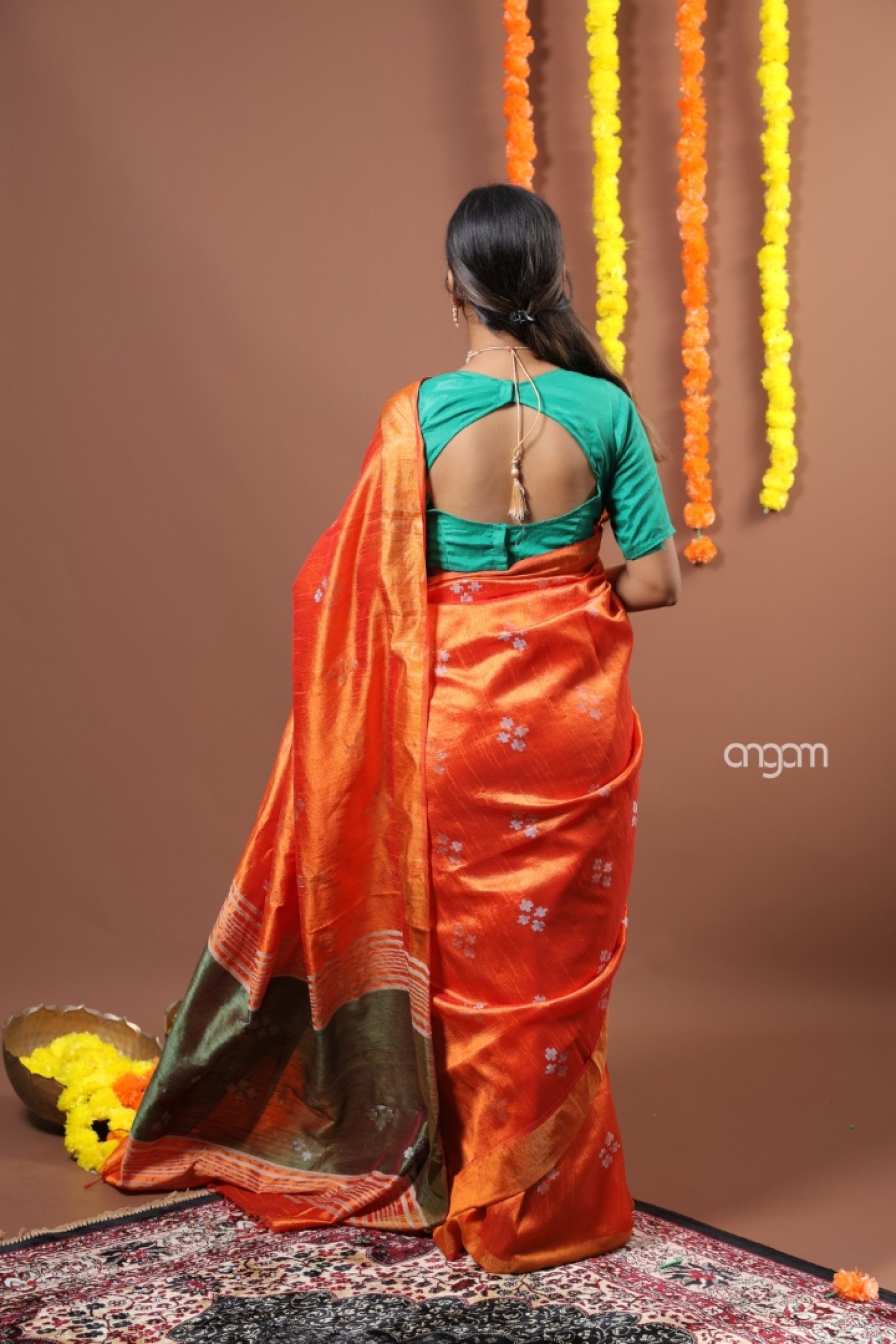 Florescent Orange  Art DUPION Silk saree