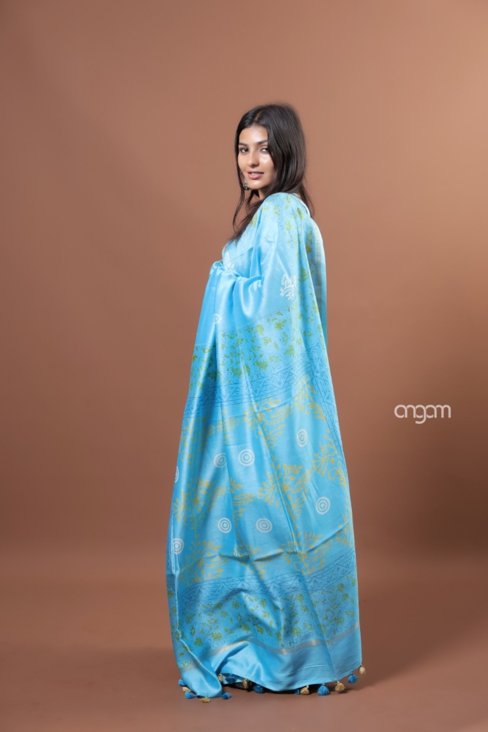 Sky blue cotton silk block print saree