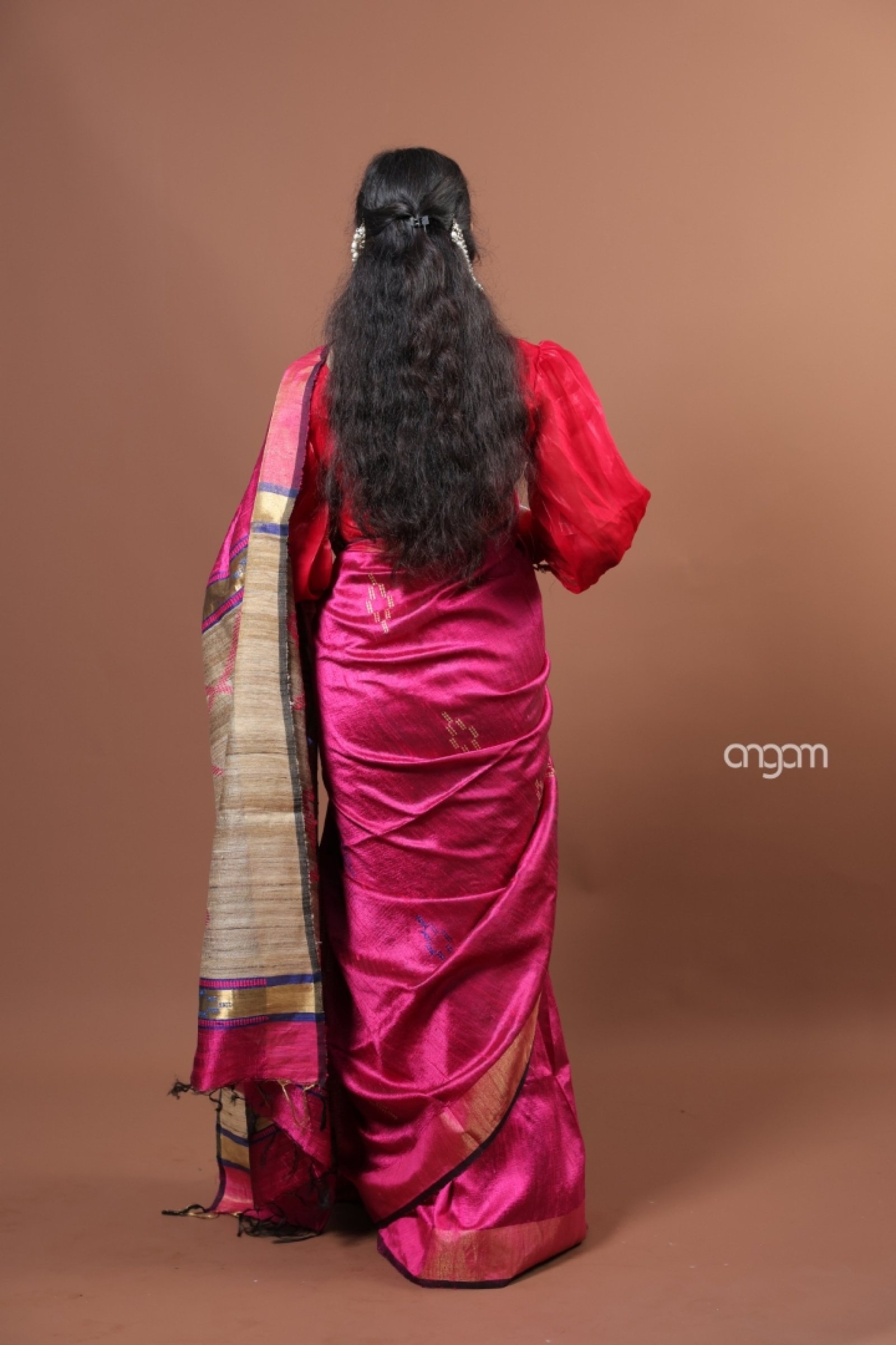 Florescent hot pink dupion silk saree