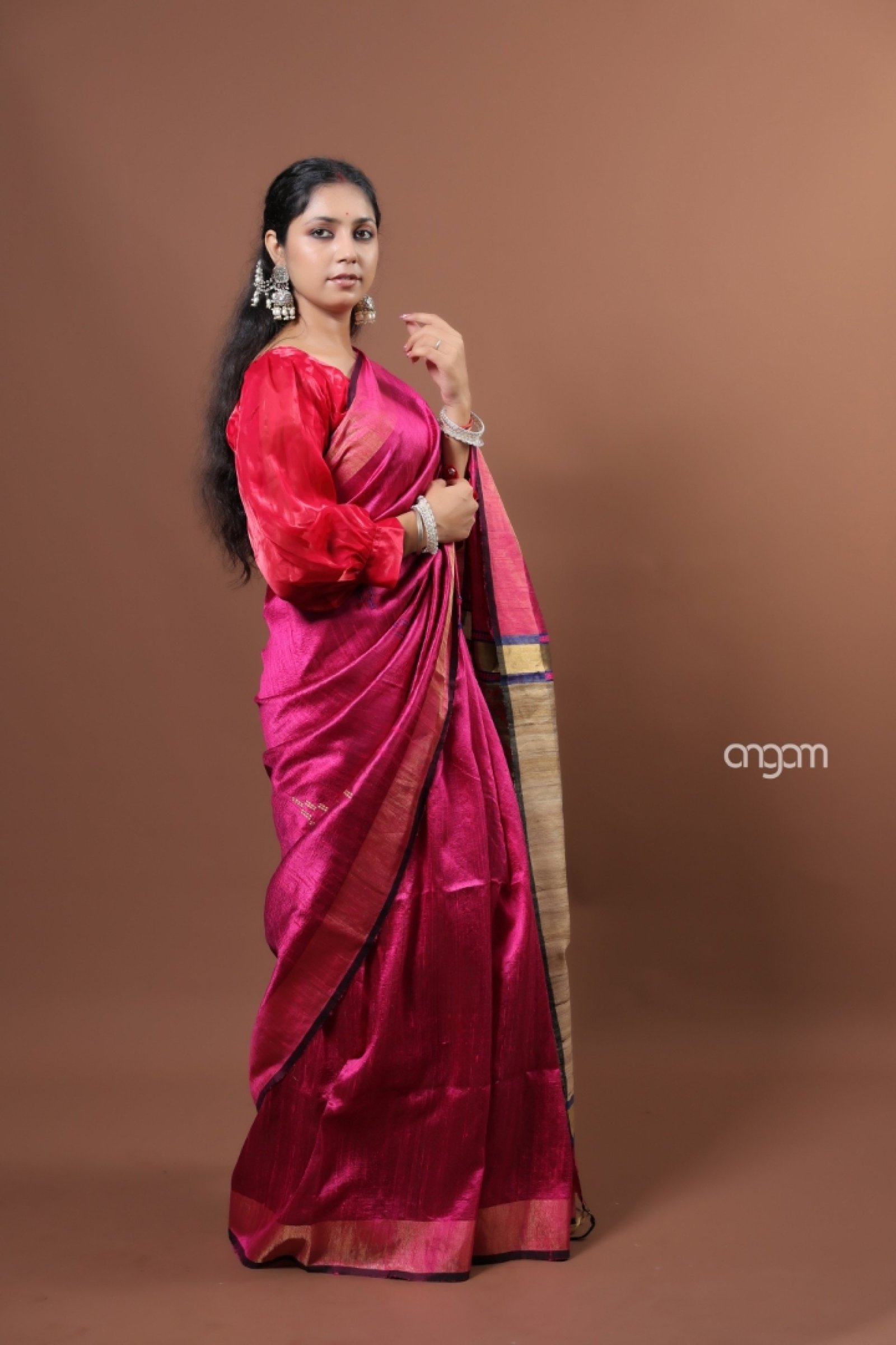 Florescent hot pink dupion silk saree