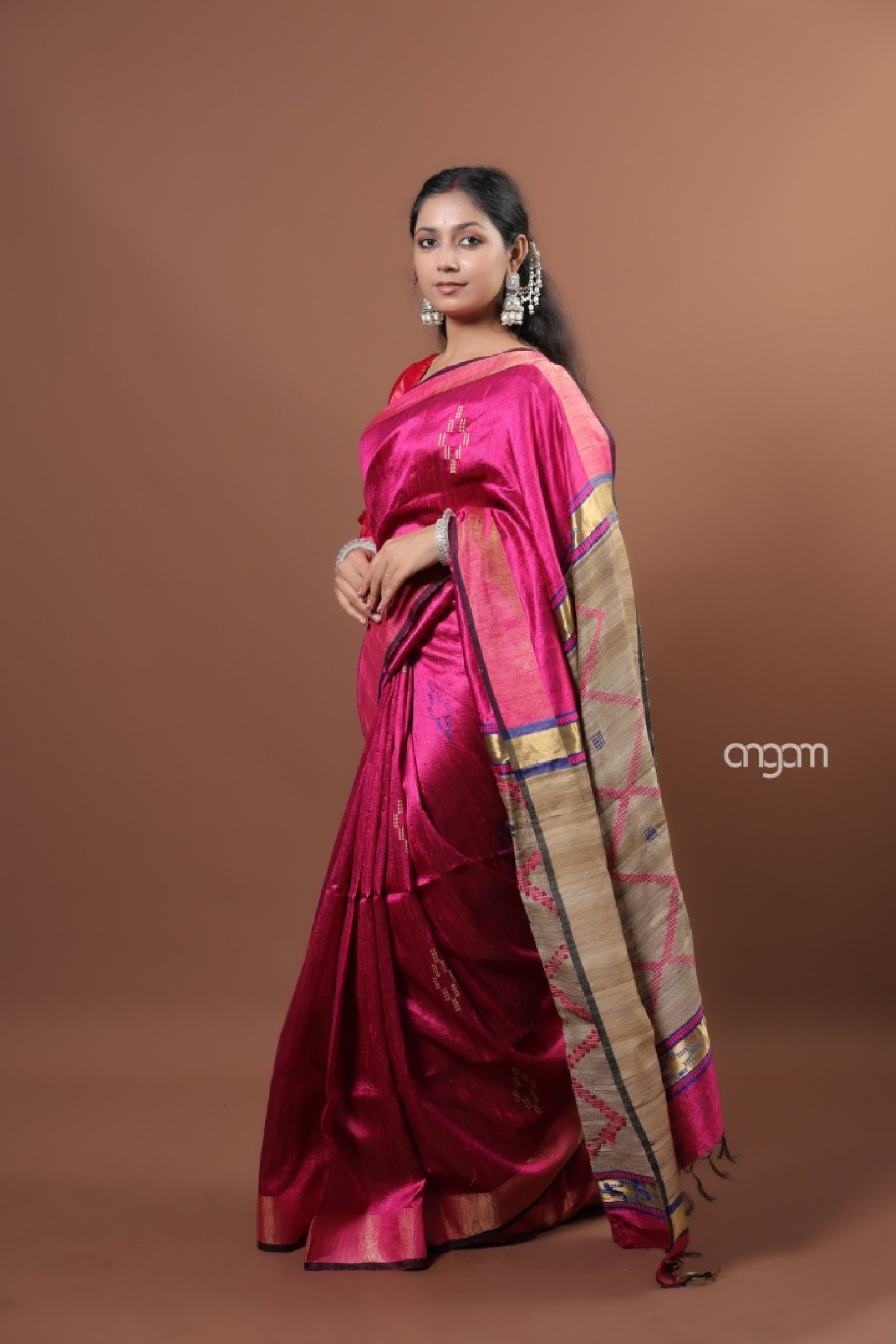 Florescent hot pink dupion silk saree