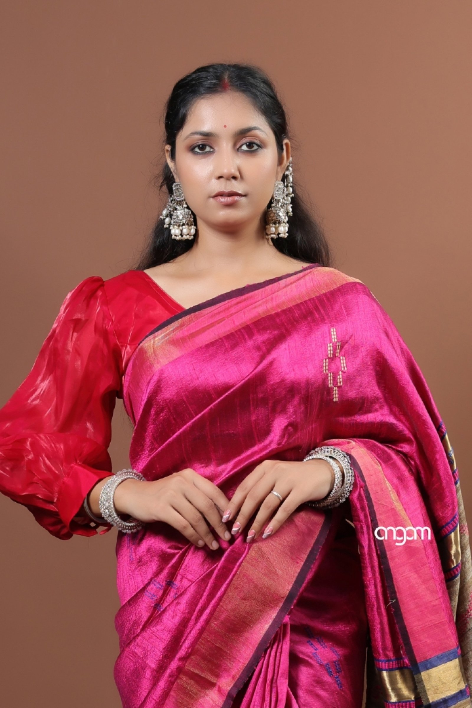 Florescent hot pink dupion silk saree