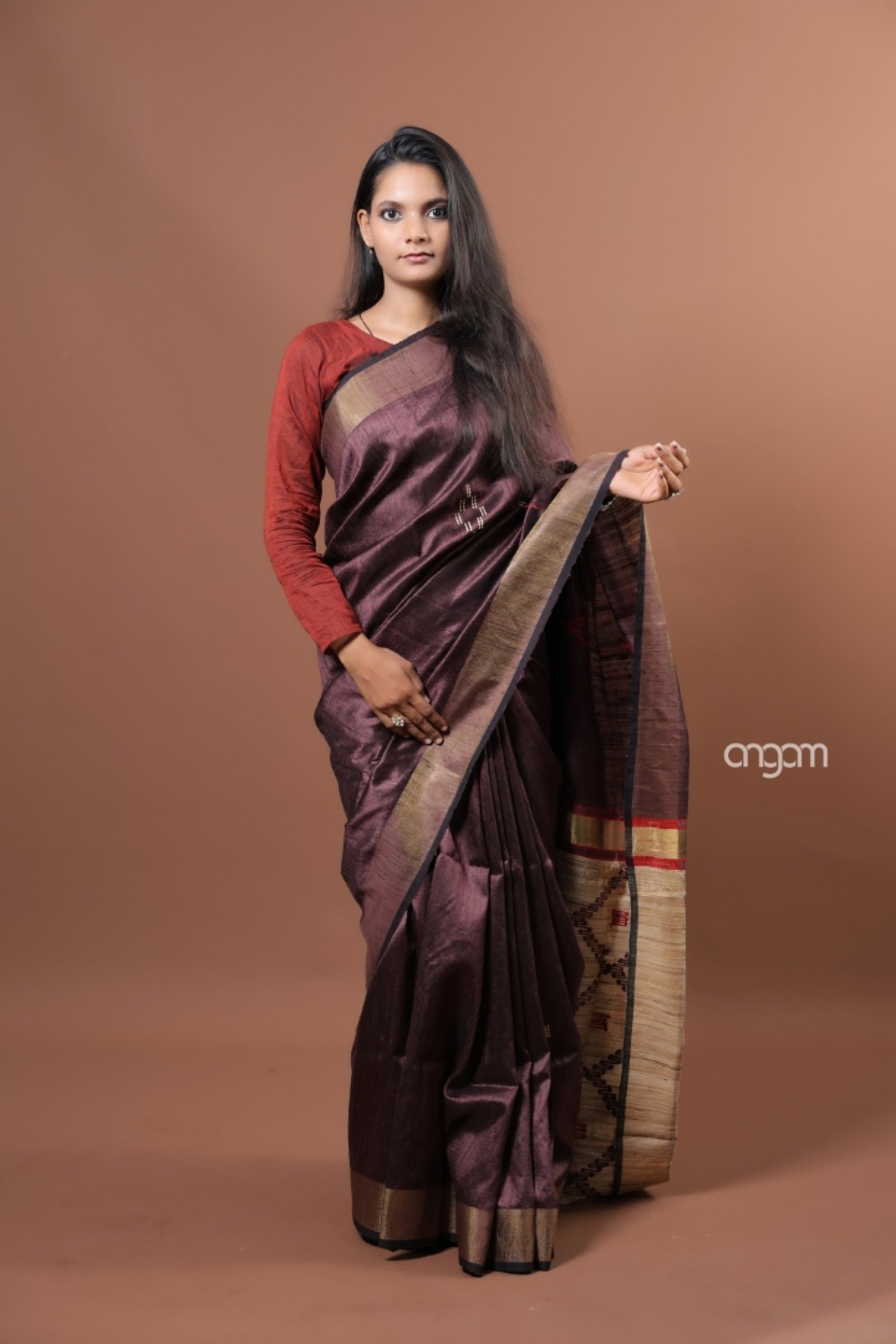 wine and chocolate Dupion silk saree