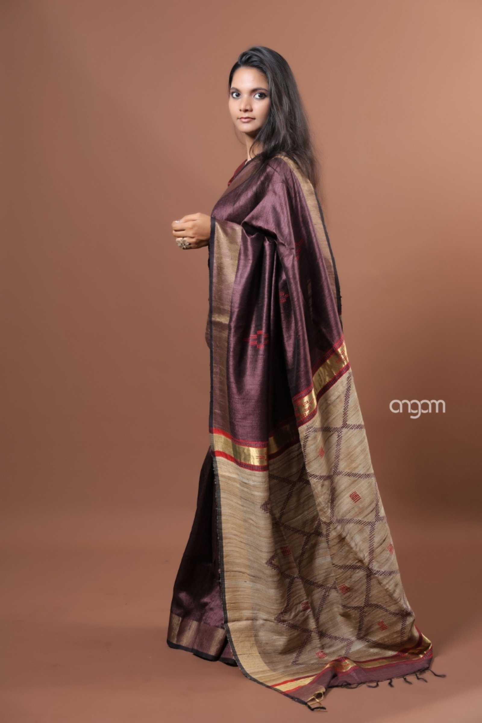 wine and chocolate Dupion silk saree