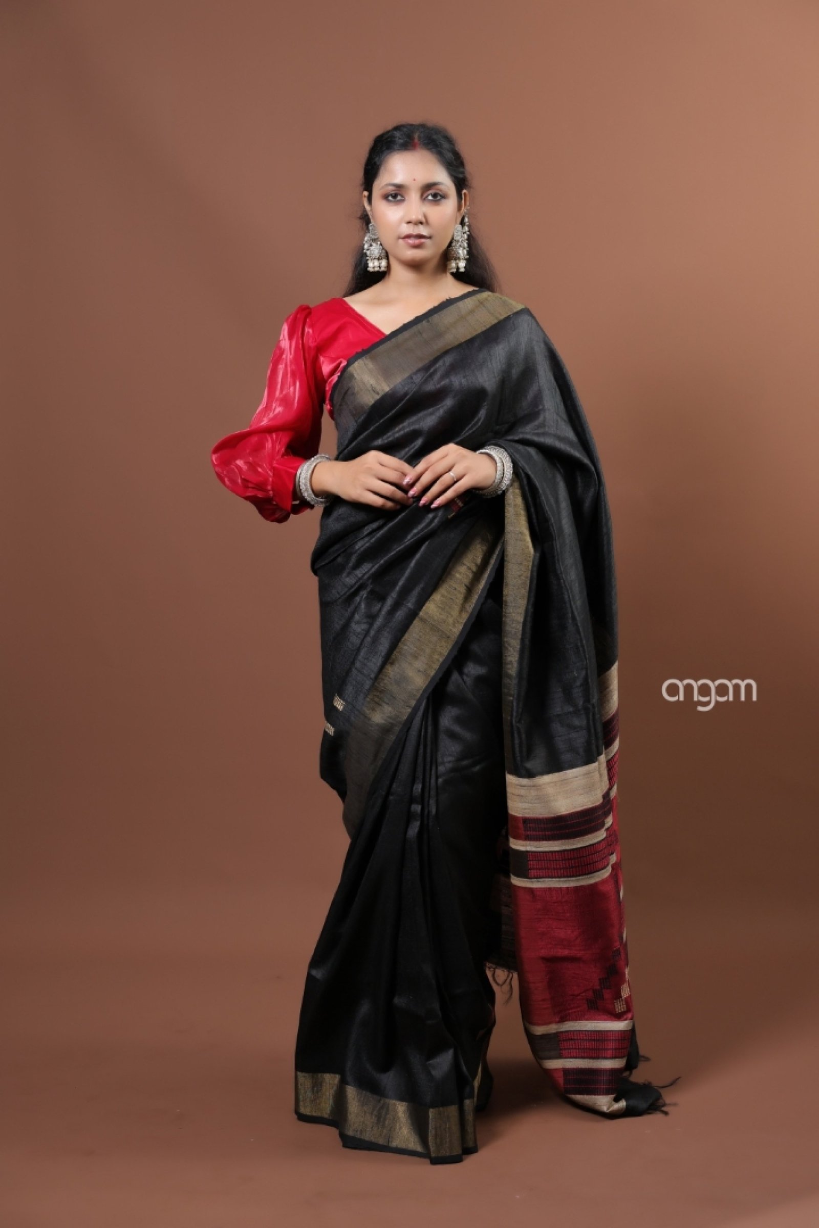 black and gold Dupion Silk saree