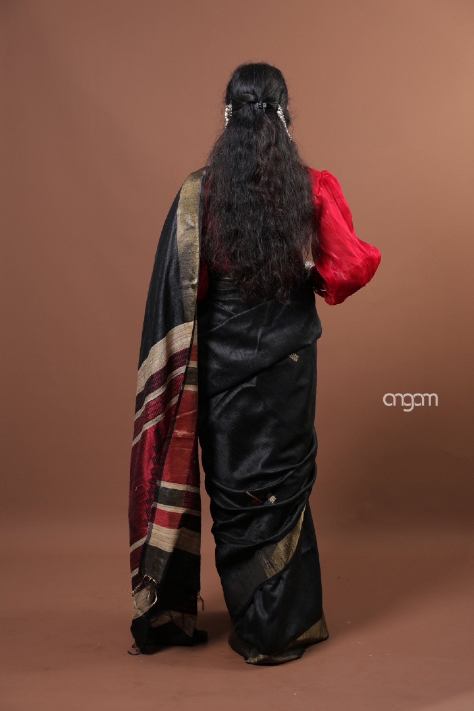 black and gold Dupion Silk saree