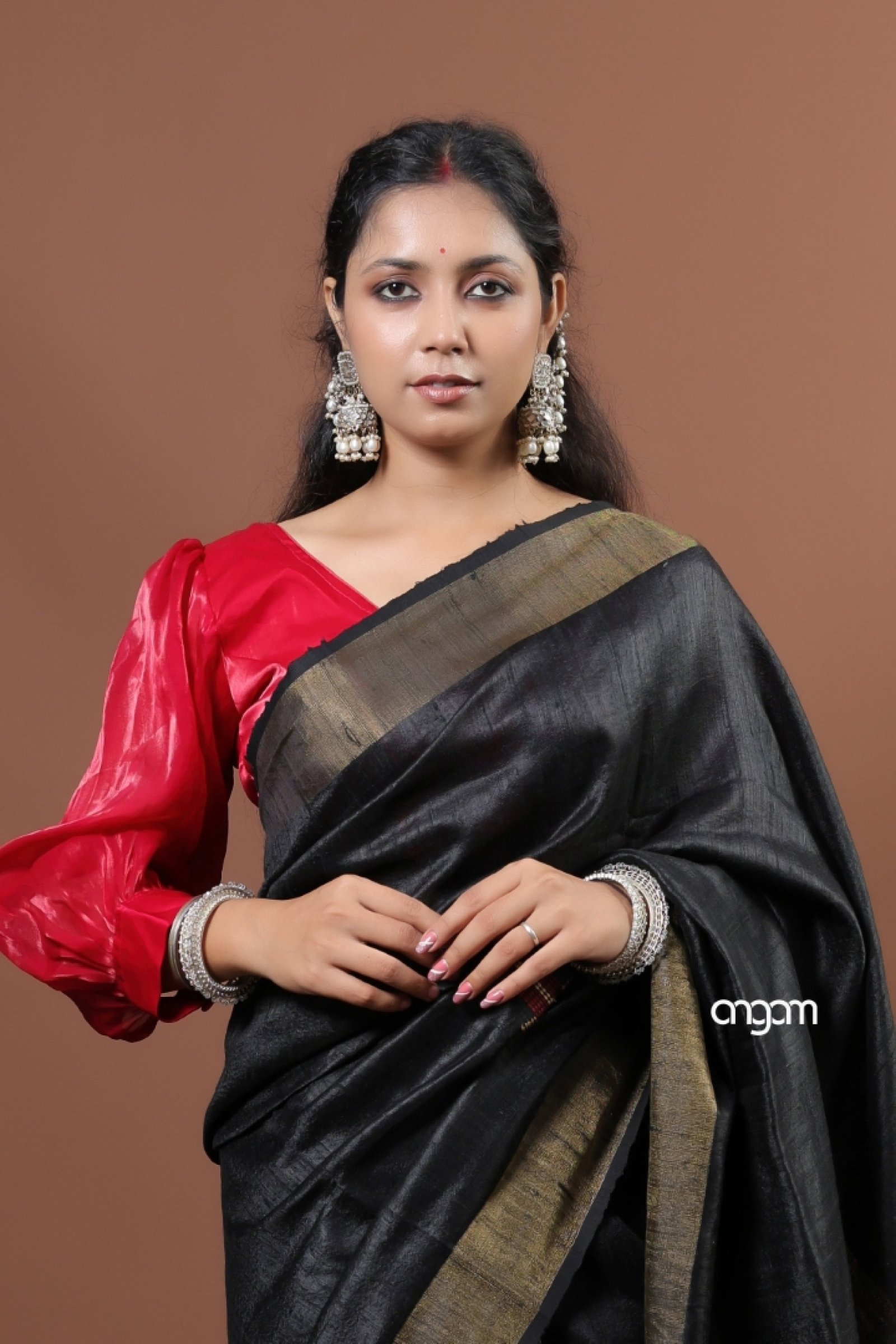 black and gold Dupion Silk saree