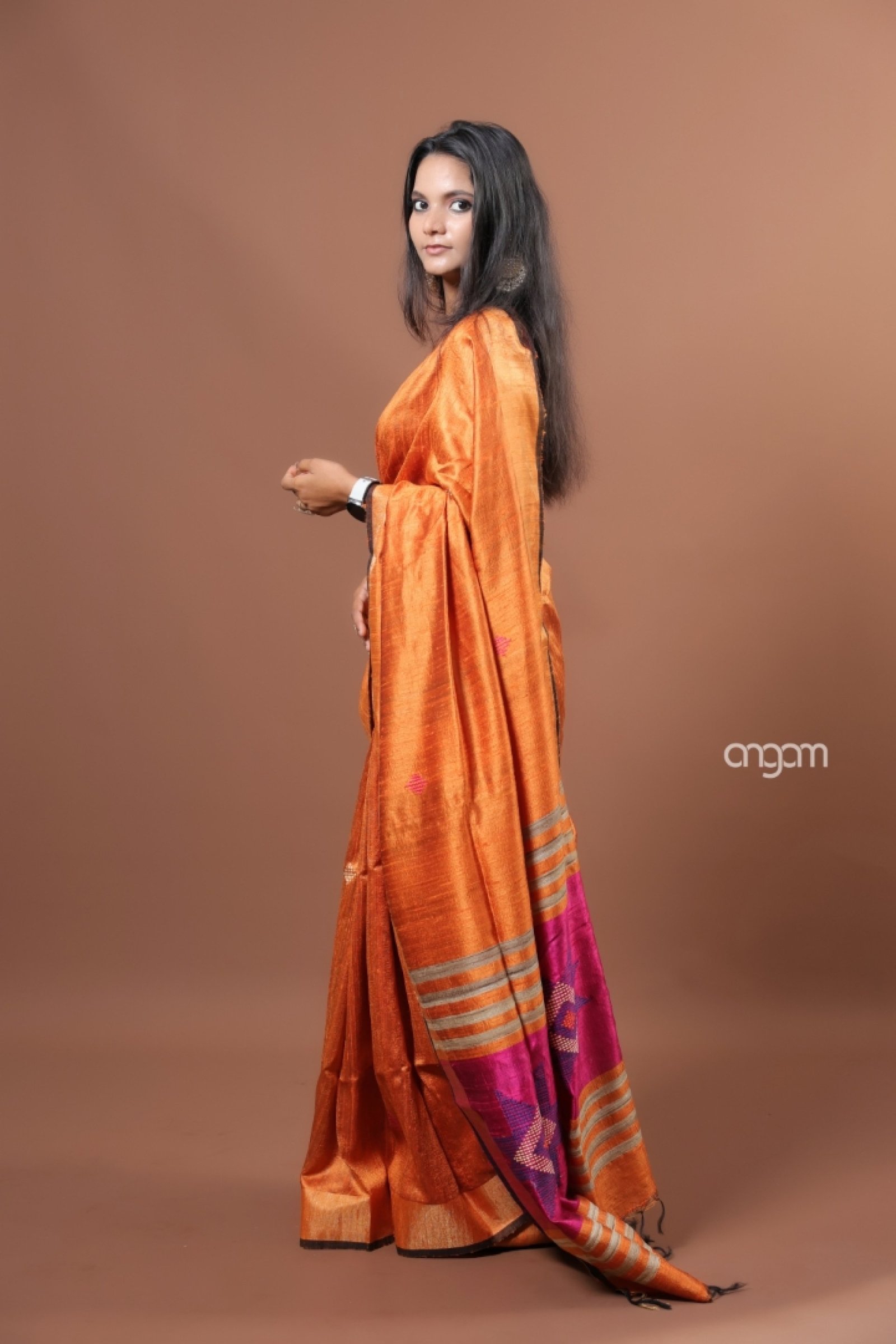 Tangerine pure dupion silk saree