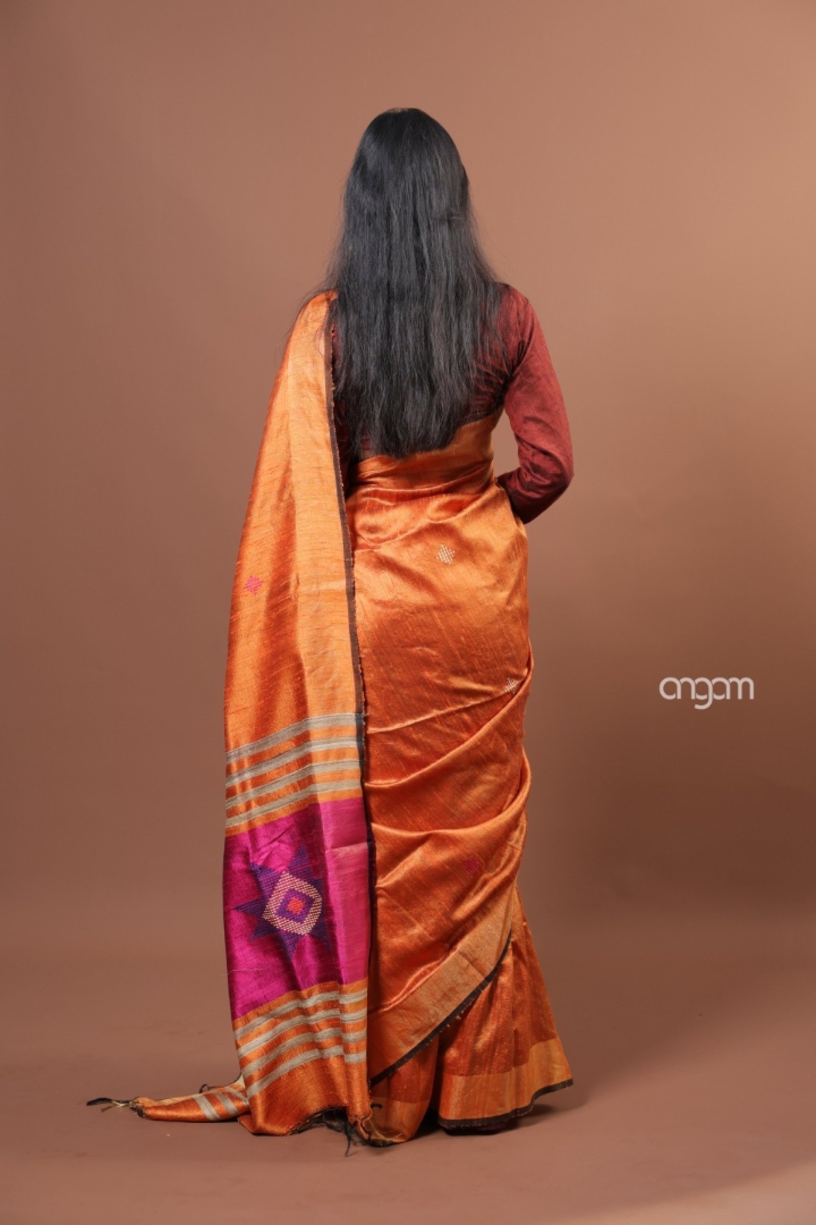 Tangerine pure dupion silk saree