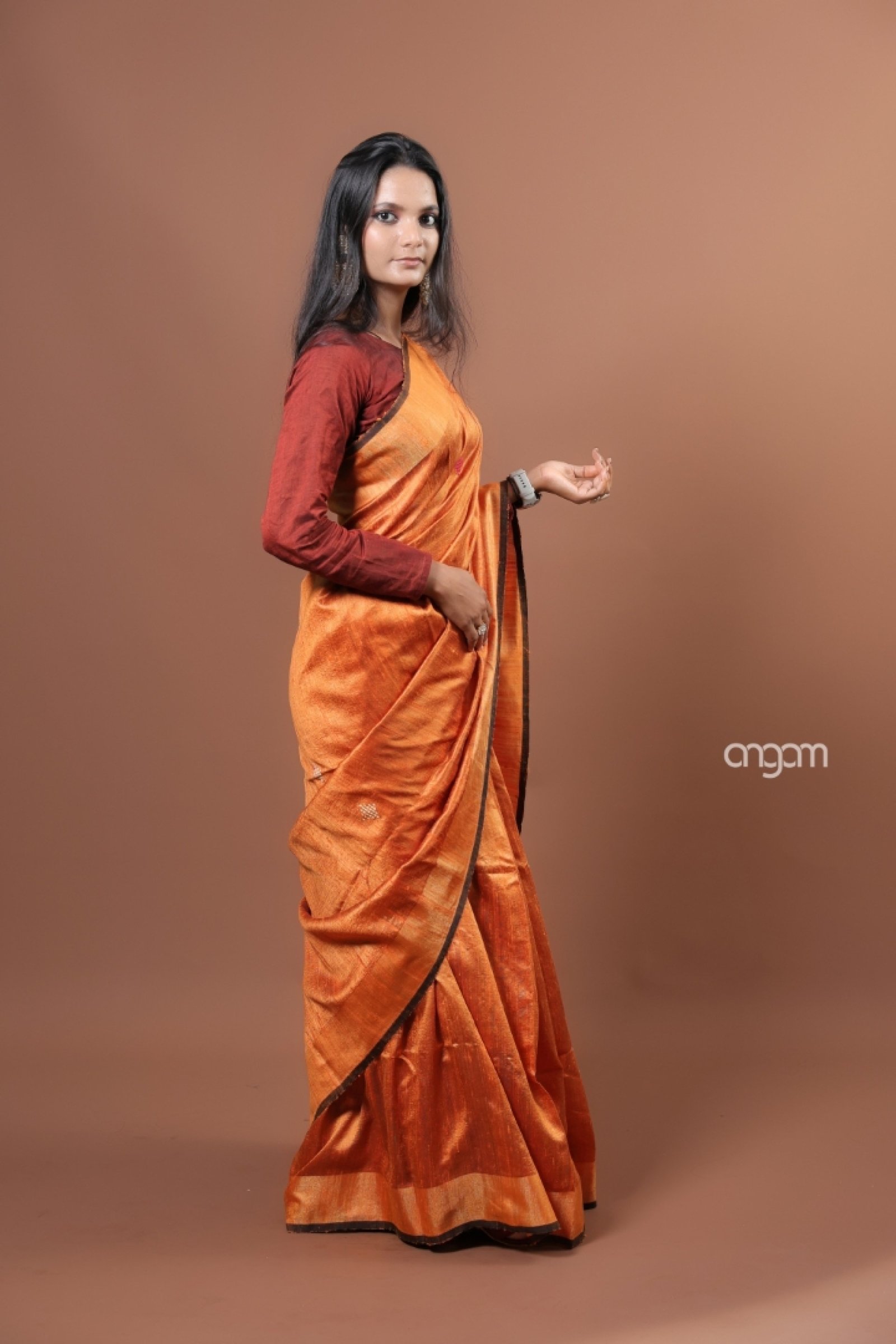 Tangerine pure dupion silk saree