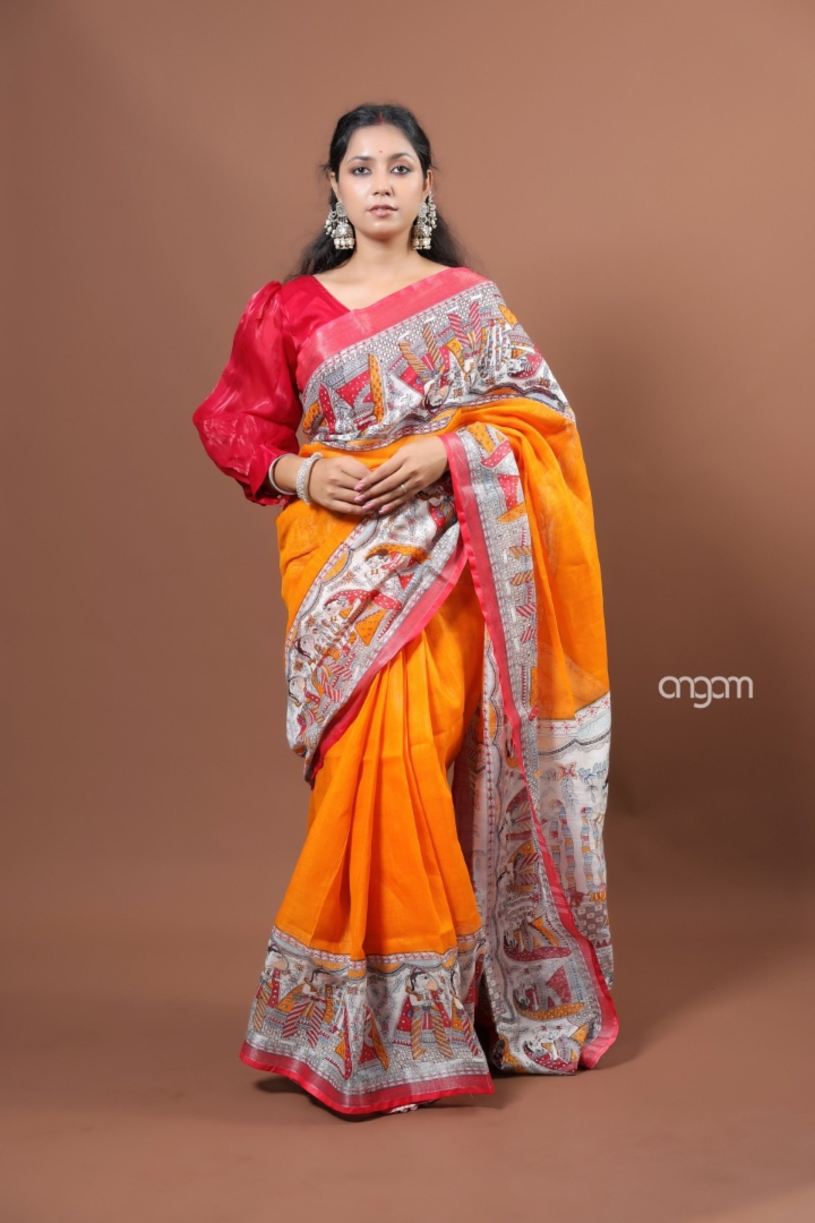 Pure Orange cotton slub saree