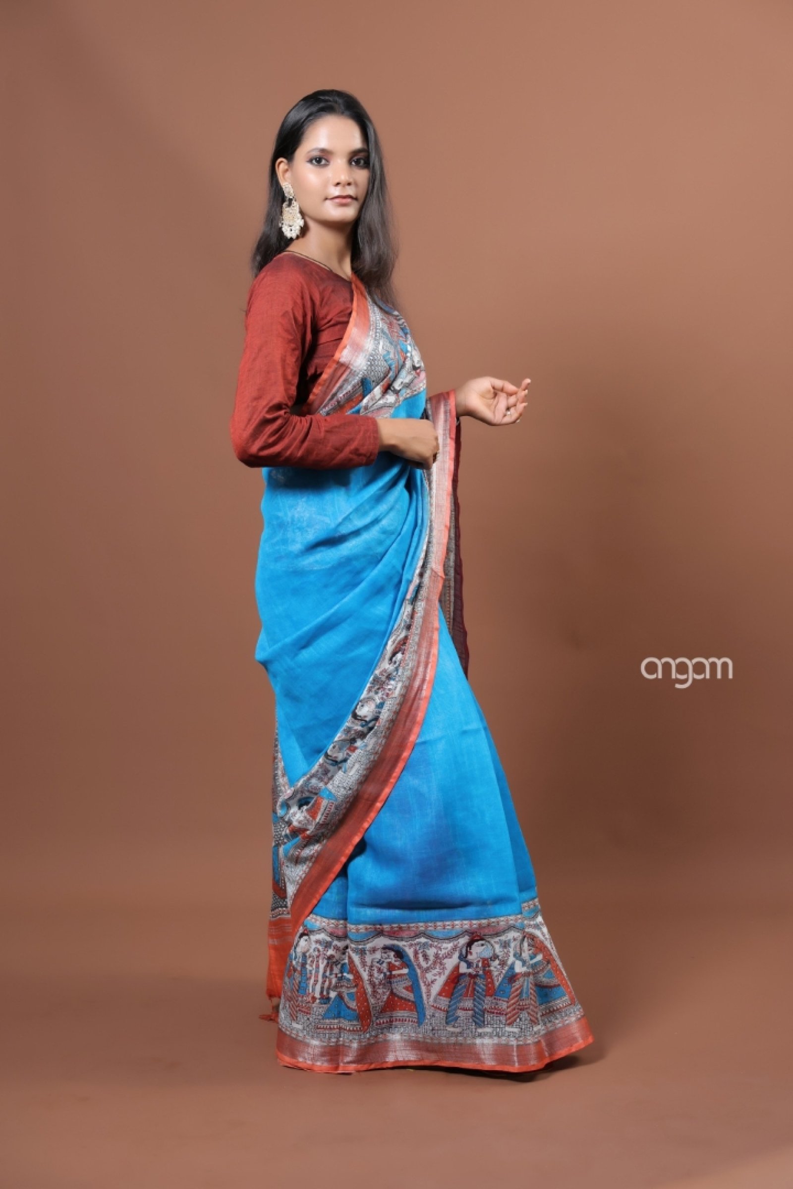 True blue cotton slub screen print saree