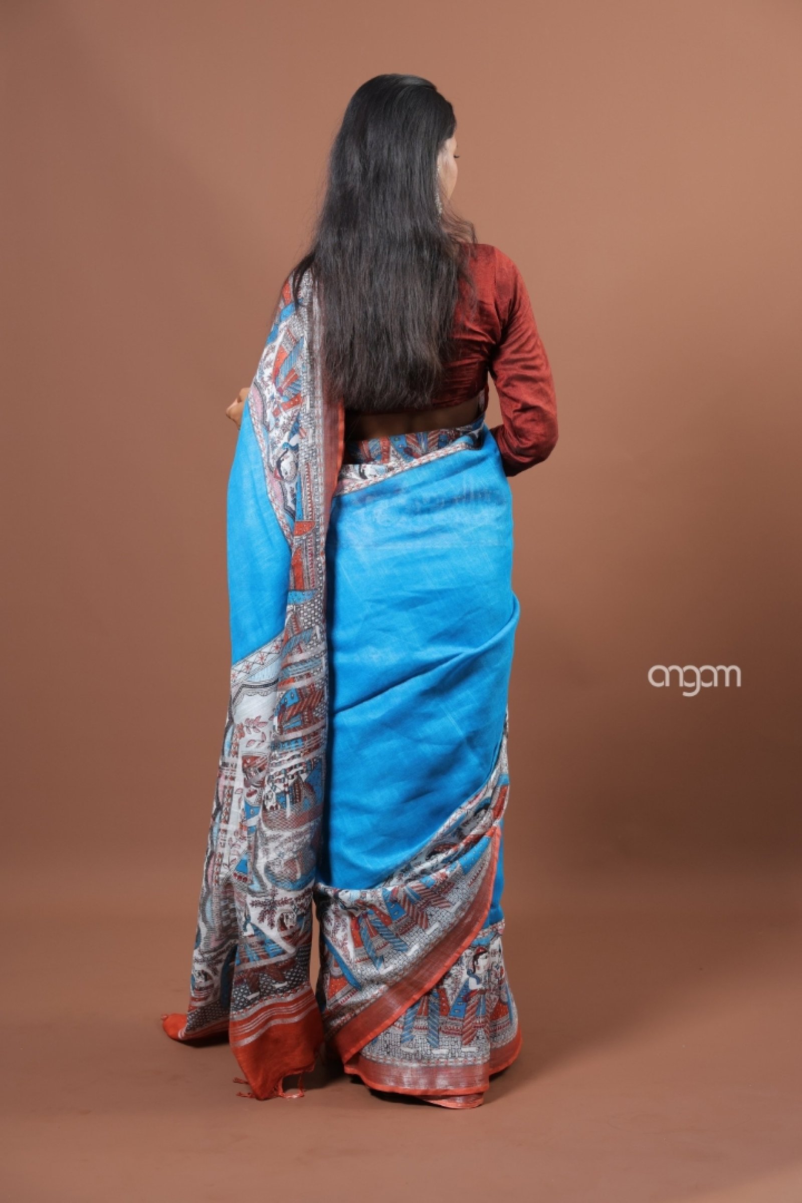 True blue cotton slub screen print saree