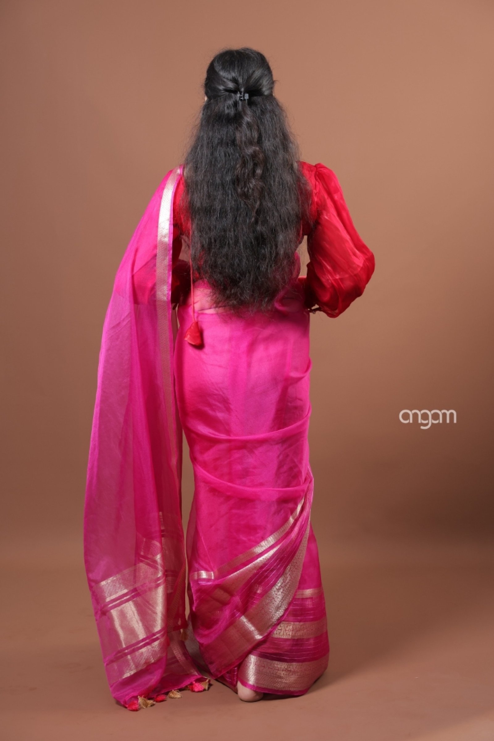 Hot pink organza saree