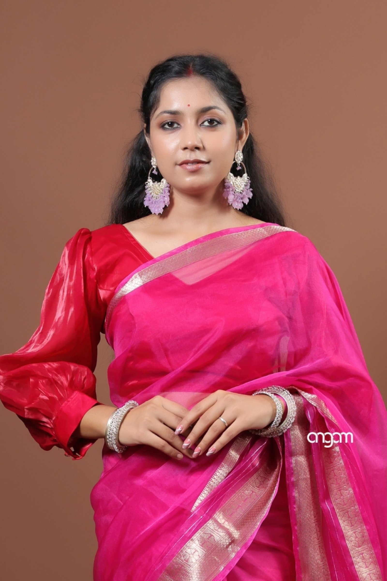 Hot pink organza saree