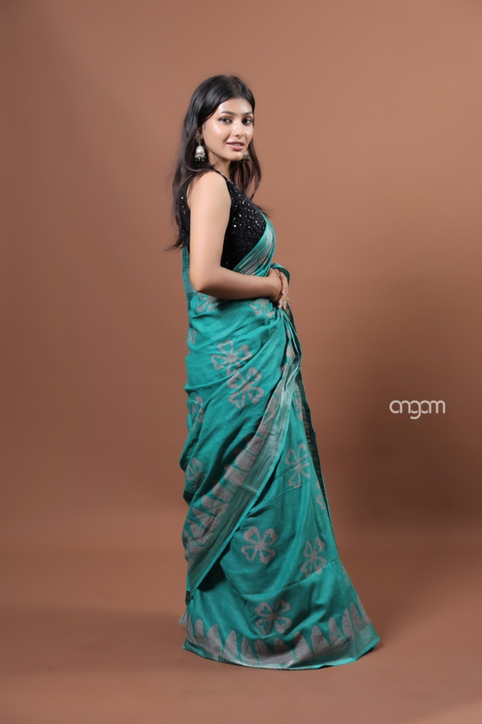 Teal green cotton slub saree