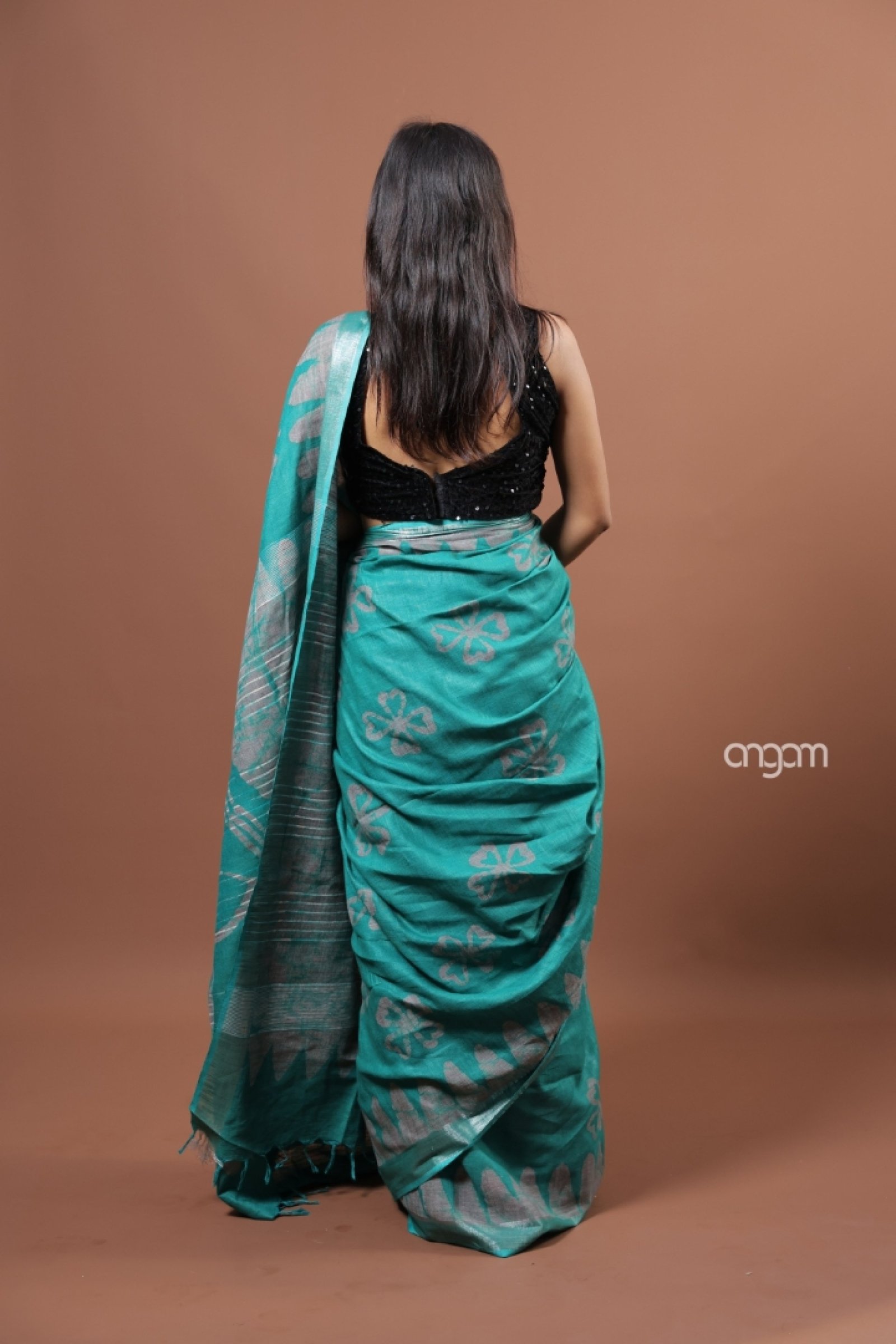 Teal green cotton slub saree