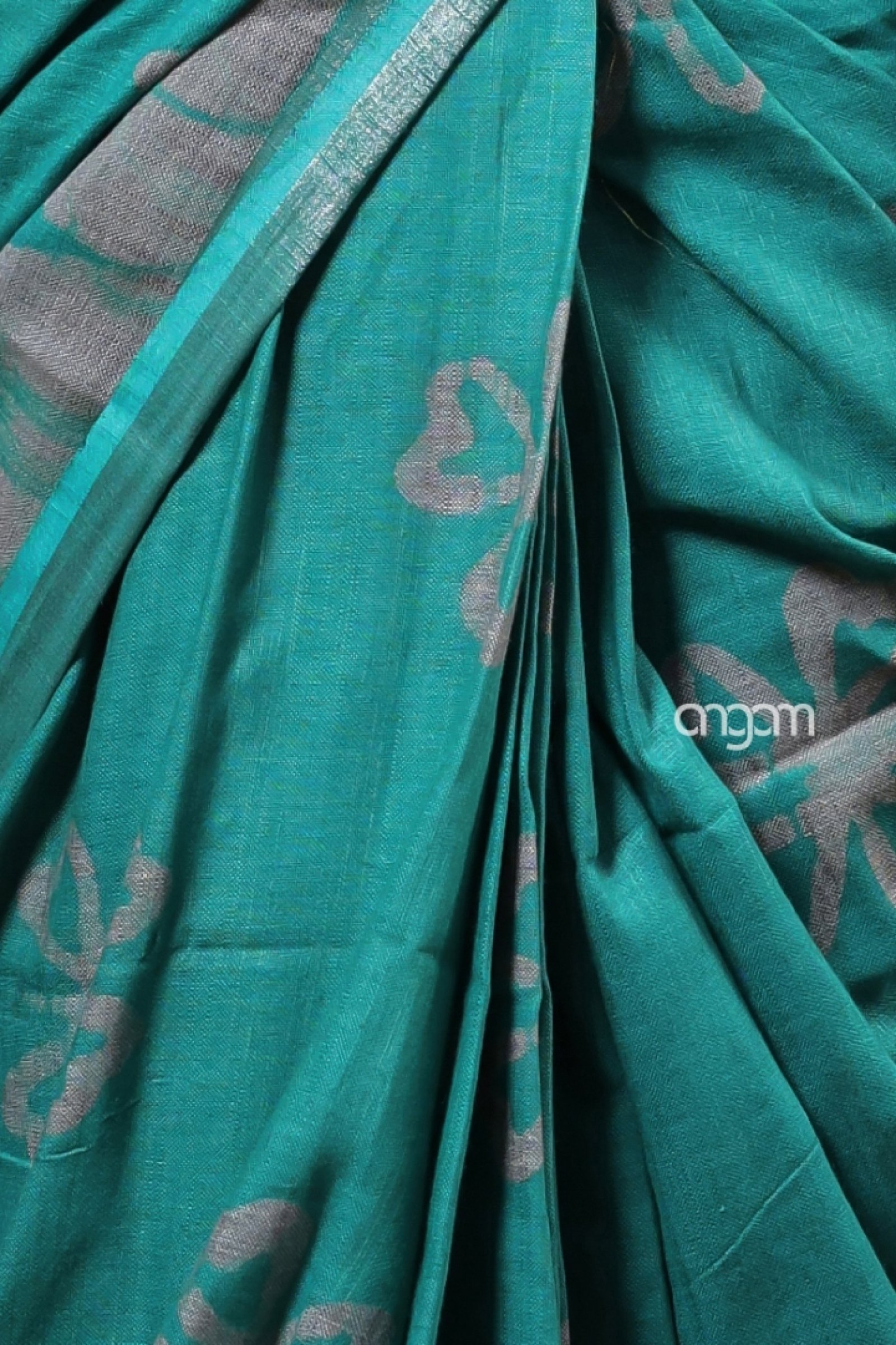 Teal green cotton slub saree