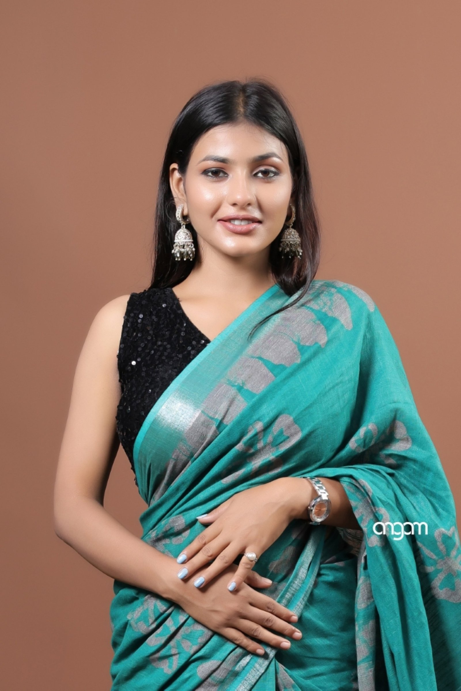 Teal green cotton slub saree