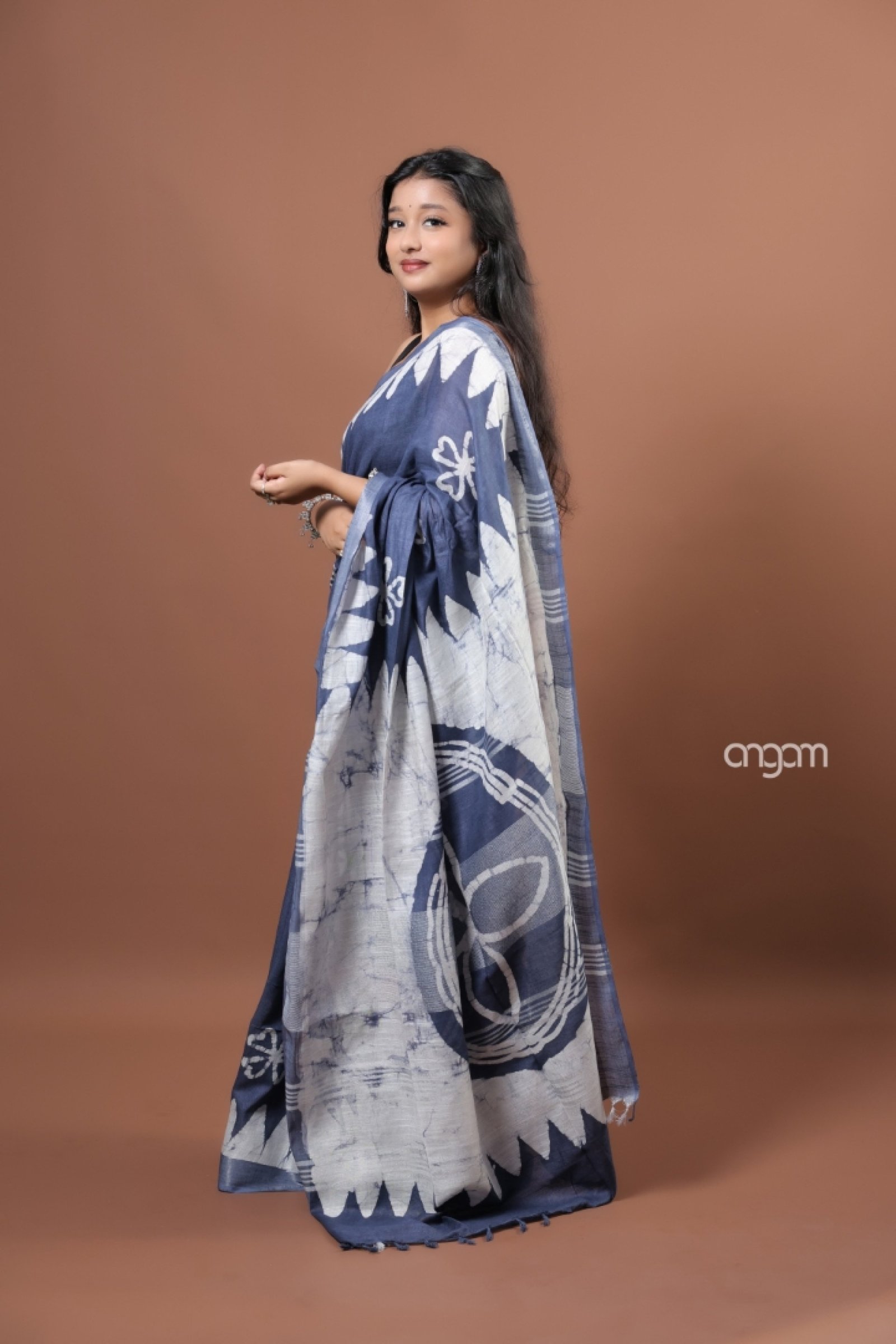 Steel blue hand batik saree