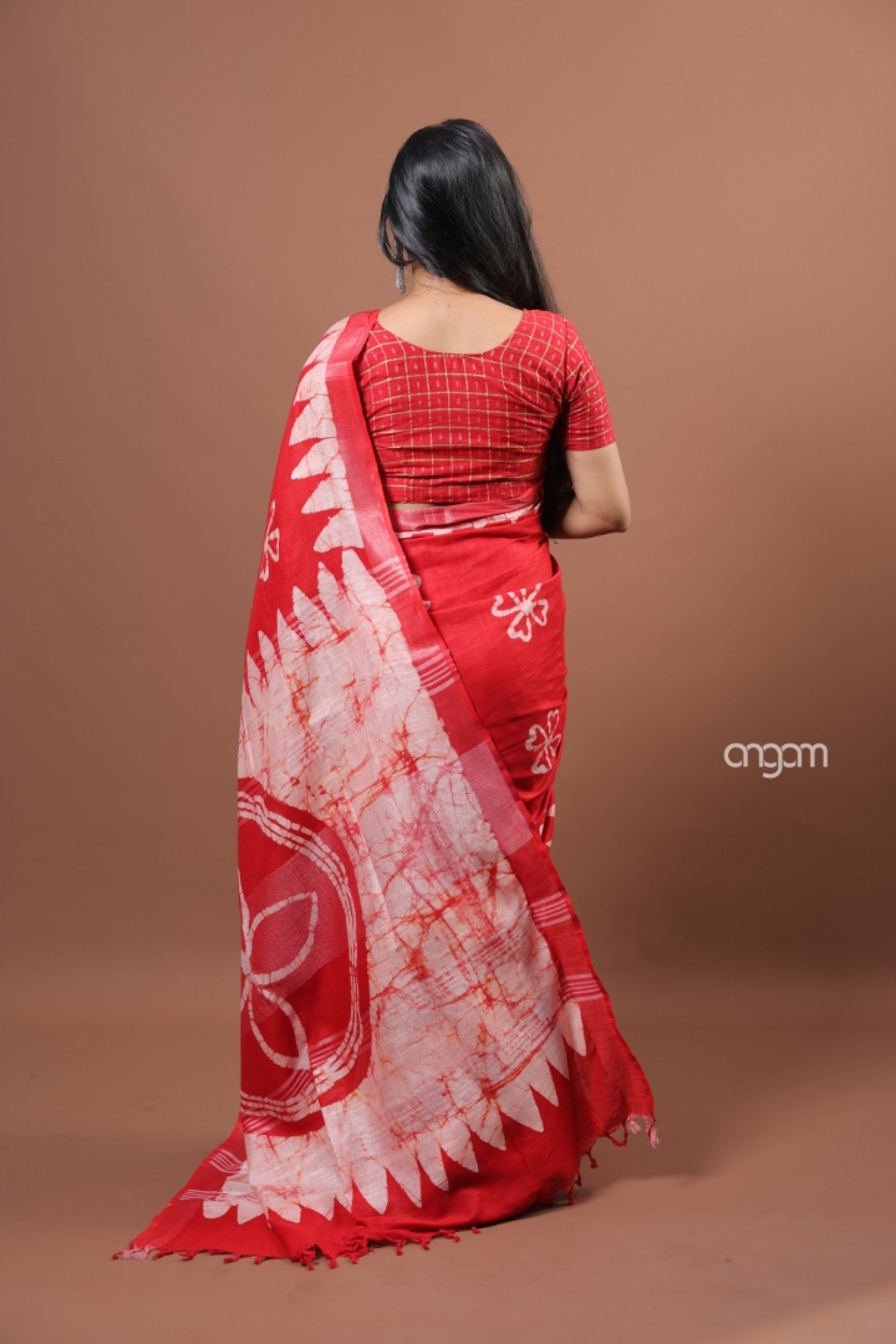 Red and white hand batik saree