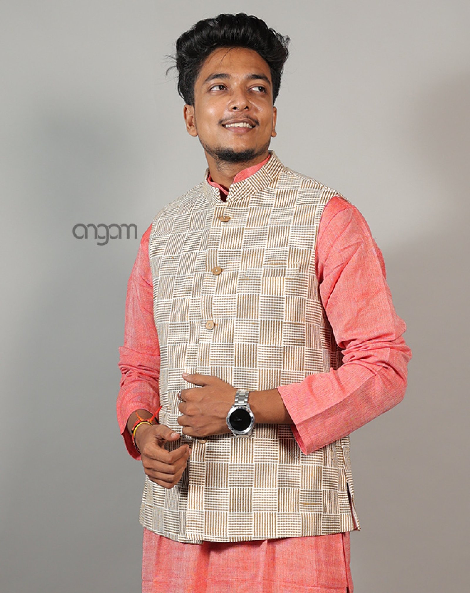 Kolika Brown Cotton-Linen Nehru Jacket