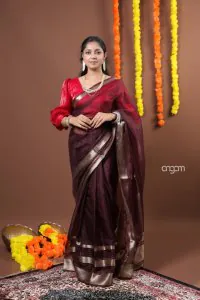 Burnt wine with gold orgenza saree