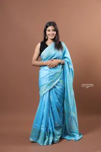 Sky blue cotton silk block print saree