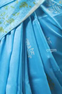 Sky blue cotton silk block print saree