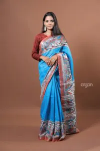 True blue cotton slub screen print saree