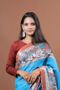 True blue cotton slub screen print saree