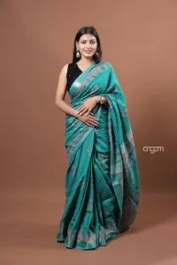 Teal green cotton slub saree