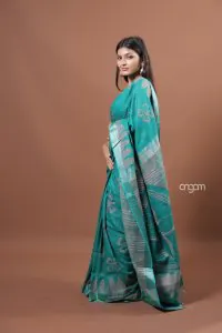 Teal green cotton slub saree